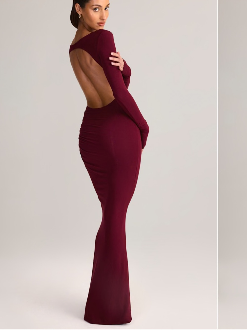 Oh Polly Burgundy Ruched Backless Maxi Dress